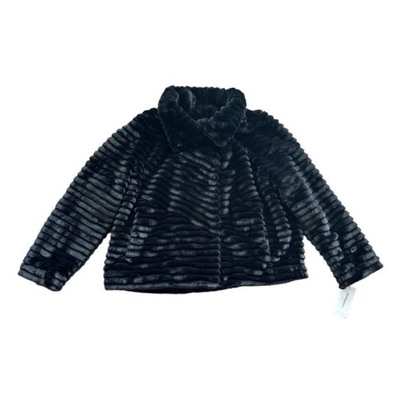 Bernardo Faux Fur Black Cropped Velvet Jacket Shawl Spread Collar Grooved - Picture 2 of 12